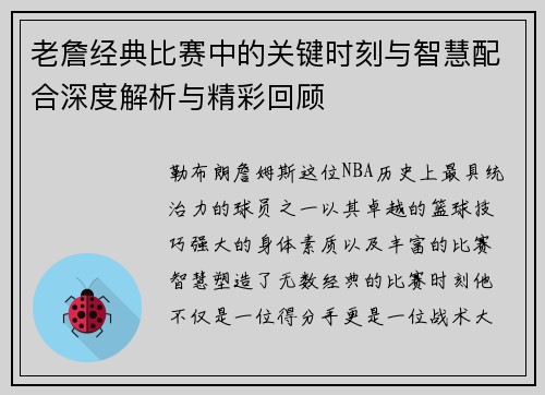 老詹经典比赛中的关键时刻与智慧配合深度解析与精彩回顾