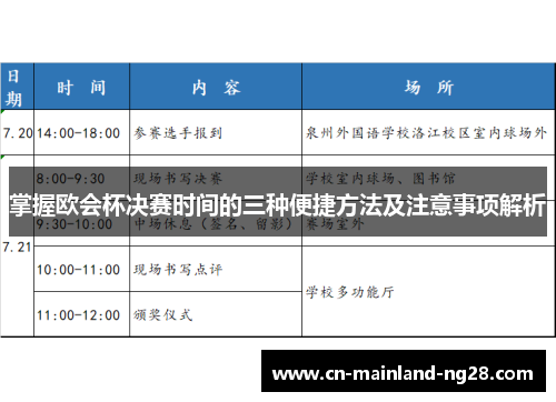 掌握欧会杯决赛时间的三种便捷方法及注意事项解析
